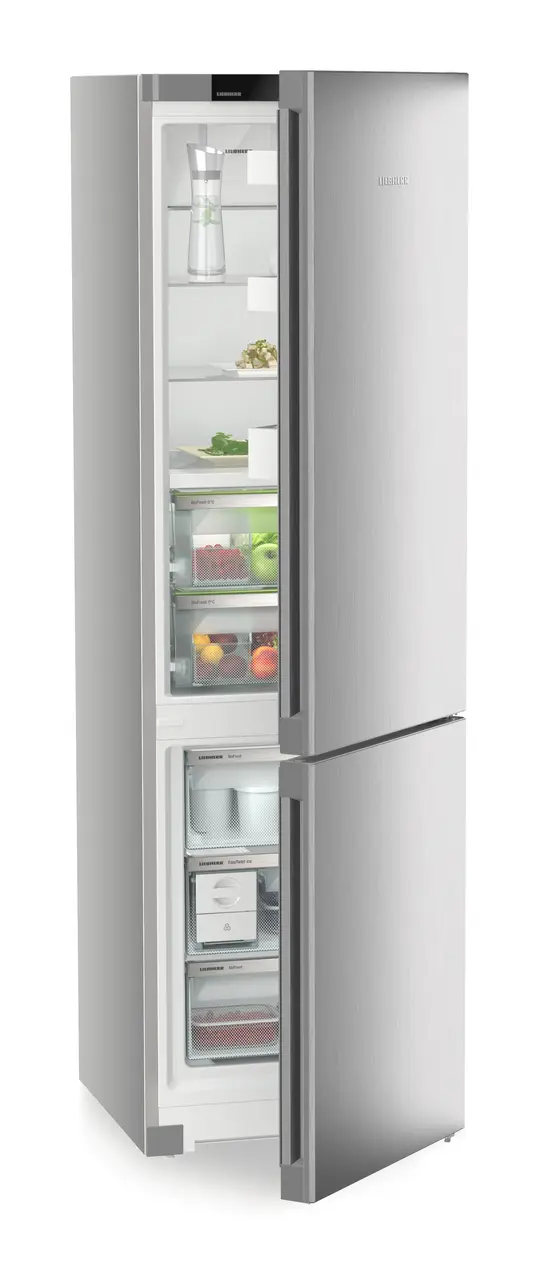 Product image, Perspective: oblique half-open decorated, Fridge-freezer with BioFresh and NoFrost, Casing colour: silver, Door colour: Steelfinish