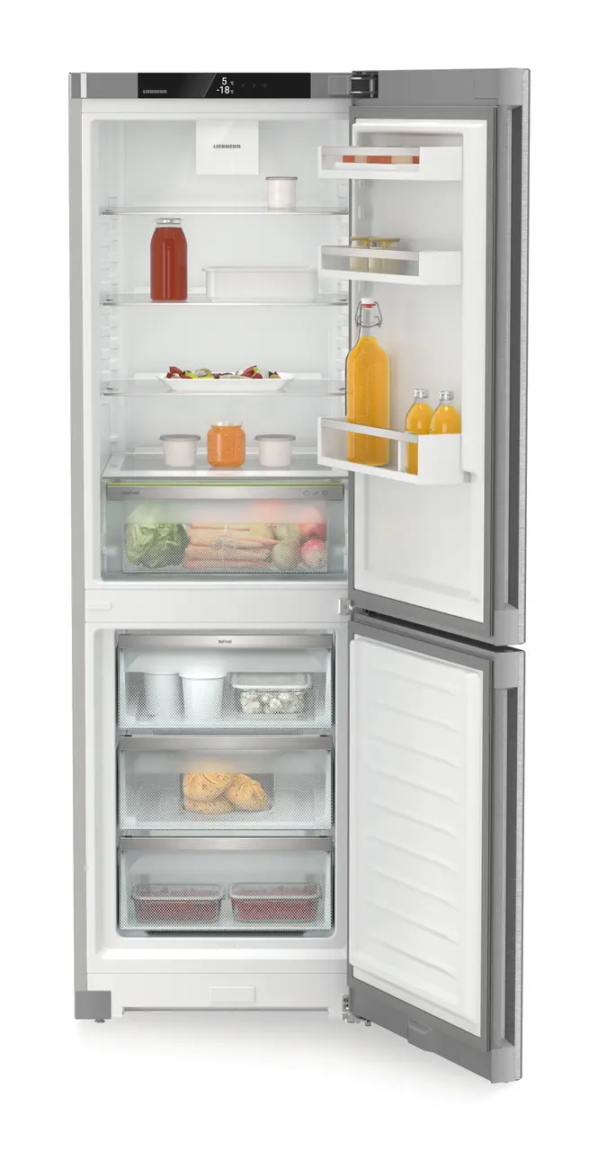 Product image, Perspective: straight open decorated, Combined fridge-freezer with EasyFresh and NoFrost, Casing colour: silver, Door colour: stainless steel