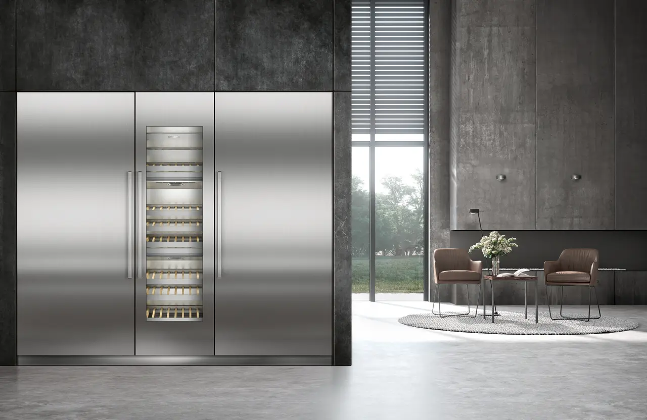 Product image, Perspective: milieu, Built-in multi-temperature wine cabinet, Casing colour: grey, Door colour: stainless steel