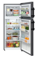Product image, Perspective: straight open decorated, Fridge-freezer with NoFrost, Casing colour: grey, Door colour: BlackSteel