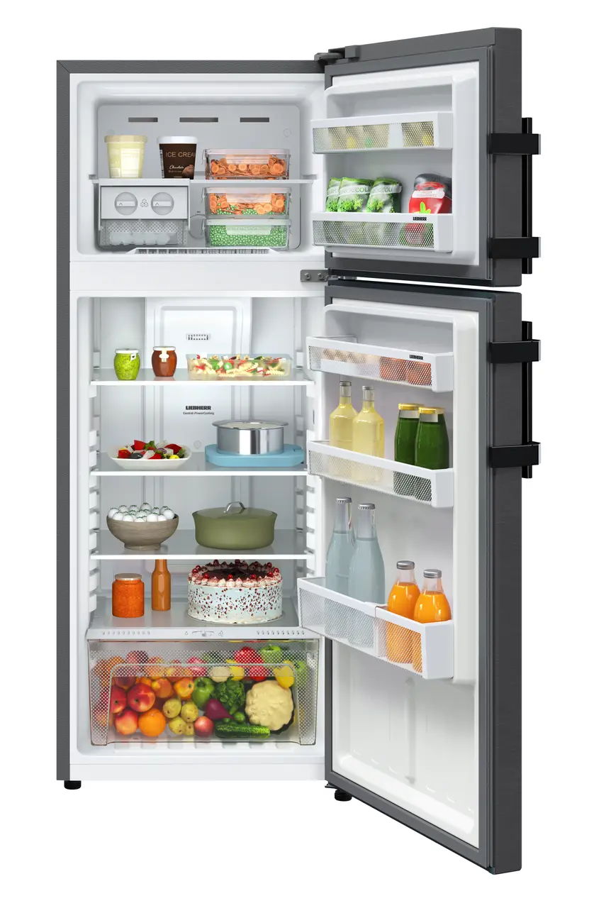 Product image, Perspective: straight open decorated, Fridge-freezer with NoFrost, Casing colour: grey, Door colour: BlackSteel