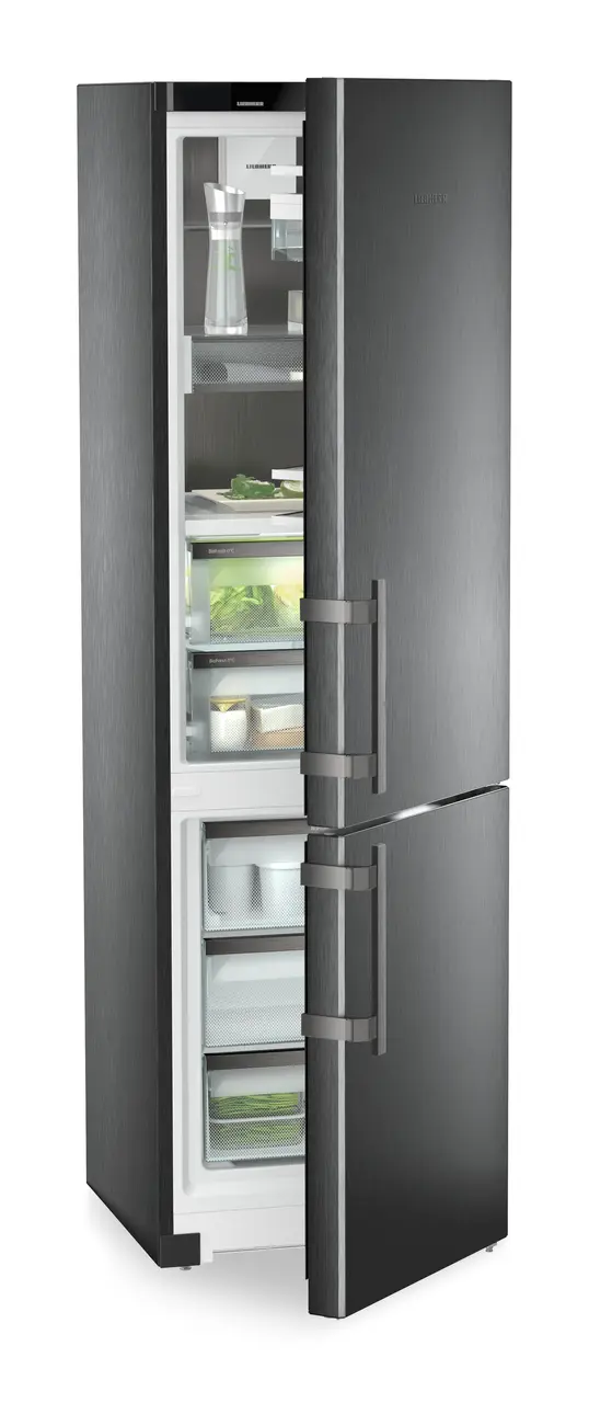Product image, Perspective: oblique half-open decorated, Fridge-freezer with BioFresh and NoFrost, Casing colour: BlackSteel, Door colour: BlackSteel