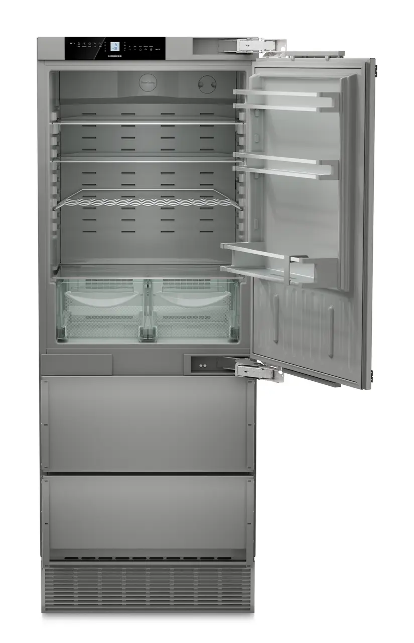 Product image, Perspective: straight open empty, Combined refrigerator-freezer with NoFrost for integrated use, Casing colour: Anthracite