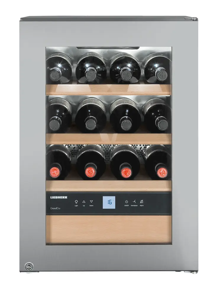 Product image, Perspective: straight closed decorated, Wine storage cabinet, Casing colour: stainless steel, Door colour: silver