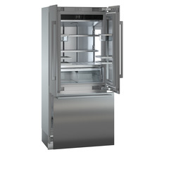 Product image, Perspective: oblique open empty, Combined refrigerator-freezer with BioFresh and NoFrost for integrated use, Casing colour: grey
