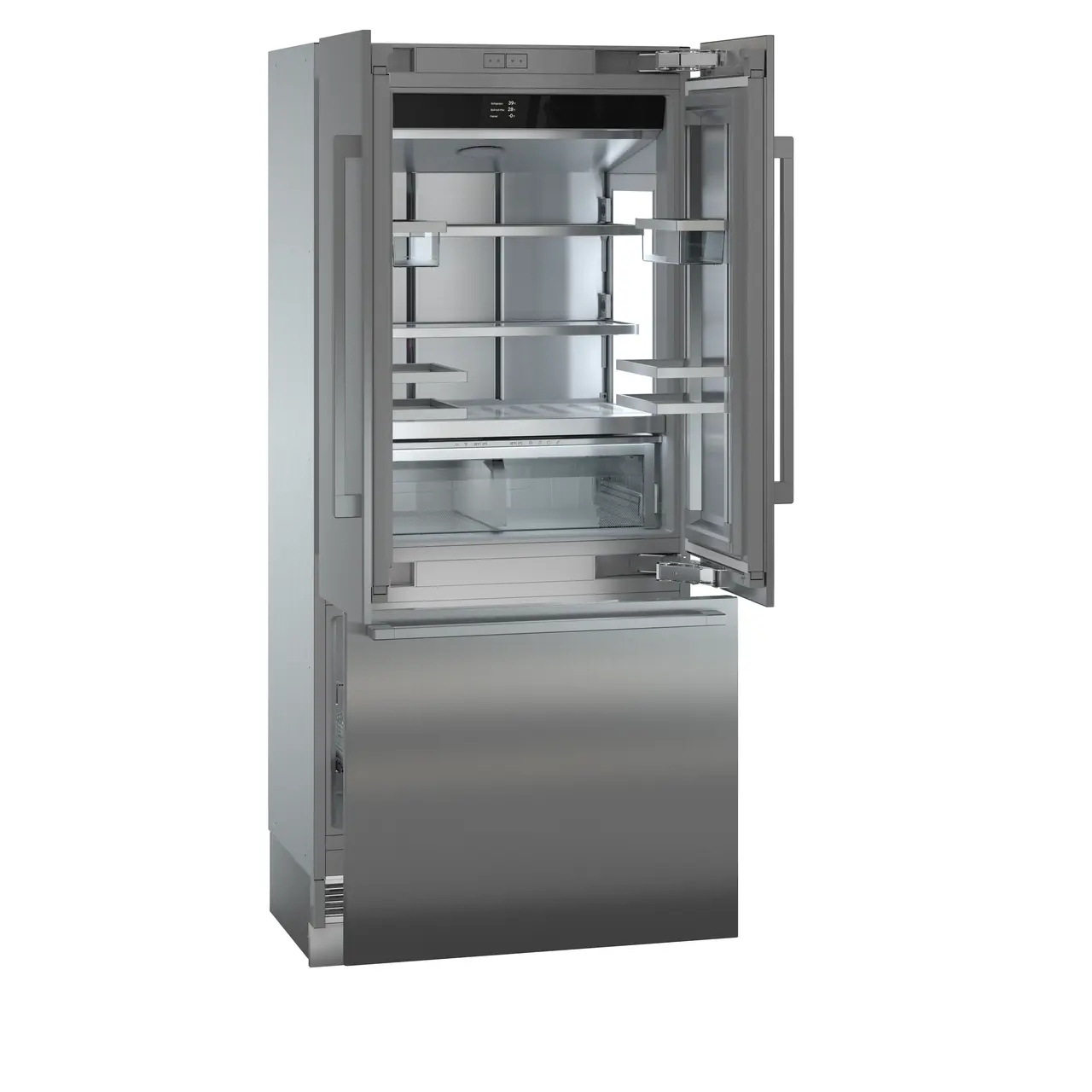 Product image, Perspective: oblique open empty, Combined refrigerator-freezer with BioFresh and NoFrost for integrated use, Casing colour: grey