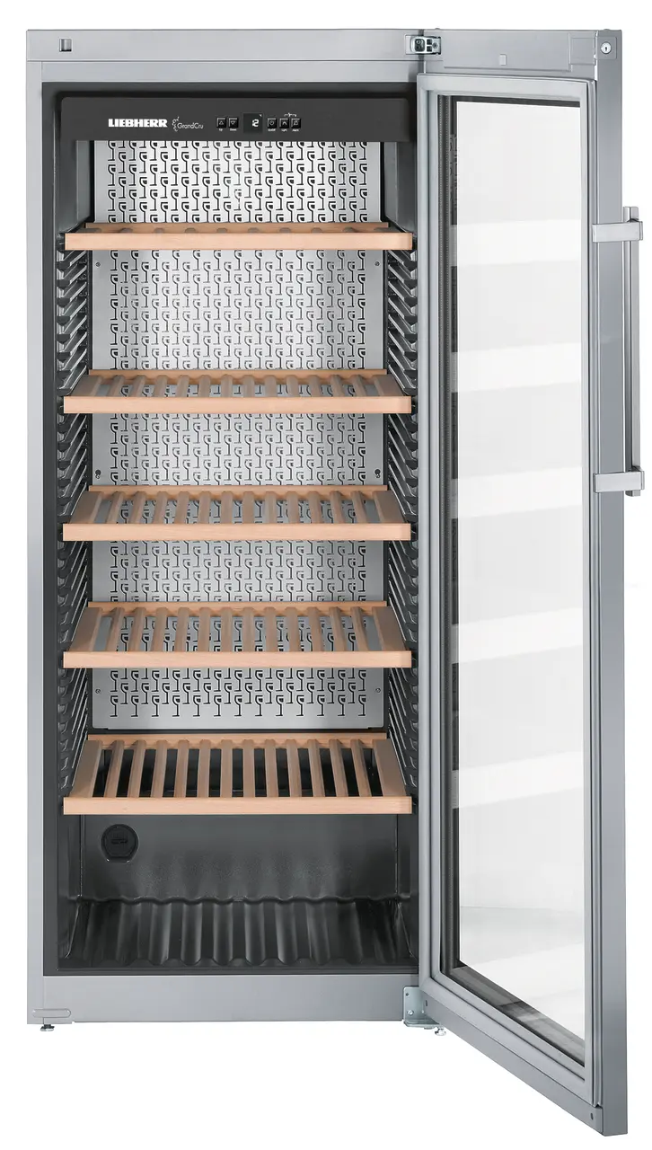 Product image, Perspective: straight open empty, Wine storage cabinet, Casing colour: stainless steel, Door colour: silver