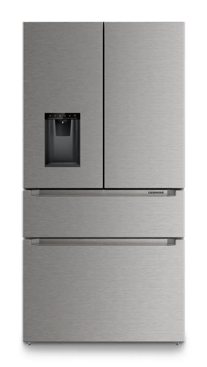 Product image, Perspective: straight closed, French door fridge-freezer with 2 freezer drawers and water and ice cube dispenser, Casing colour: silver, Door colour: stainless steel