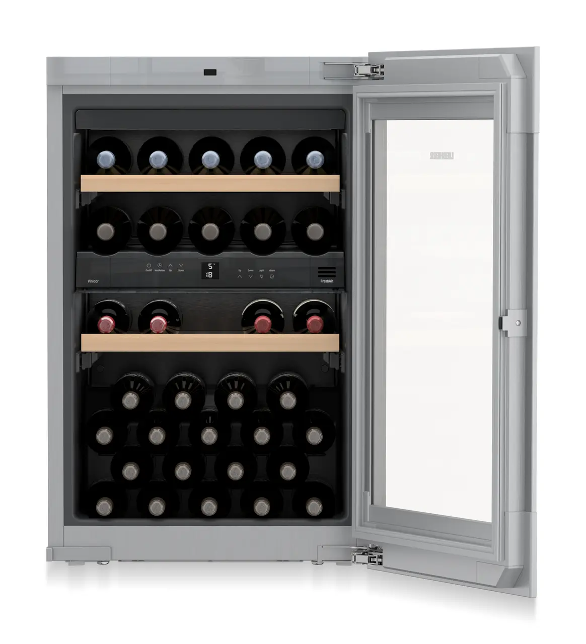 Product image, Perspective: straight open decorated, Built-in multi-temperature wine cabinet, Casing colour: silver, Door colour: GlassBlack