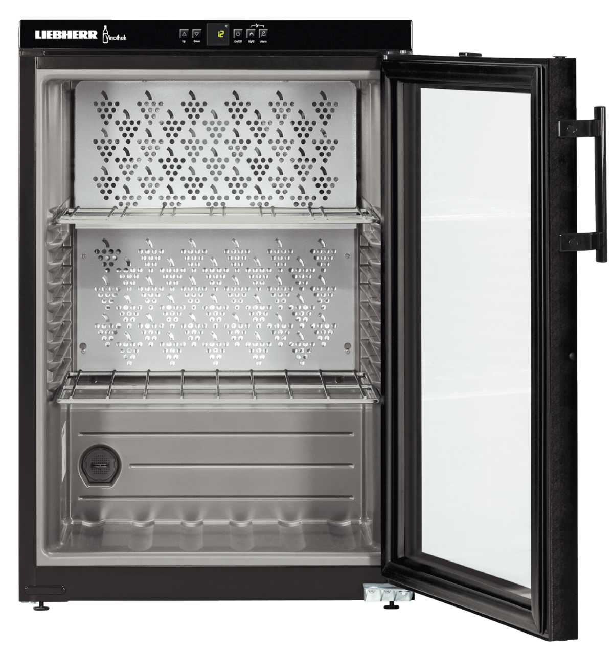 Изображение продукции, Перспектива: Прямо, с открытой дверцей, без продуктов, Винный шкаф с климатизацией, Цвет корпуса: черный, Цвет дверцы: черный