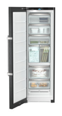 Produkt-Bild, Perspektive: gerade offen dekoriert, Standgefrierschrank mit NoFrost, Gehäusefarbe: BlackSteel, Türfarbe: BlackSteel