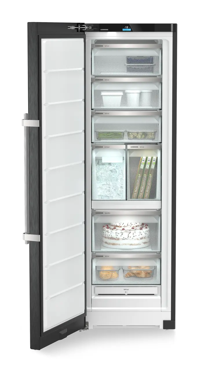 Produkt-Bild, Perspektive: gerade offen dekoriert, Standgefrierschrank mit NoFrost, Gehäusefarbe: BlackSteel, Türfarbe: BlackSteel