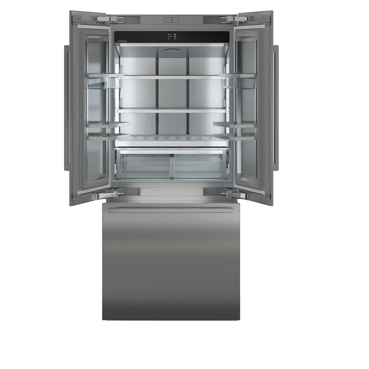Product image, Perspective: straight open empty, Combined refrigerator-freezer with BioFresh and NoFrost for integrated use, Casing colour: grey