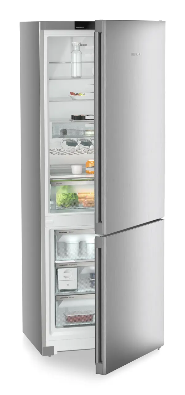 Product image, Perspective: oblique half-open decorated, Combined fridge-freezers with EasyFresh and NoFrost, Casing colour: silver, Door colour: Steelfinish