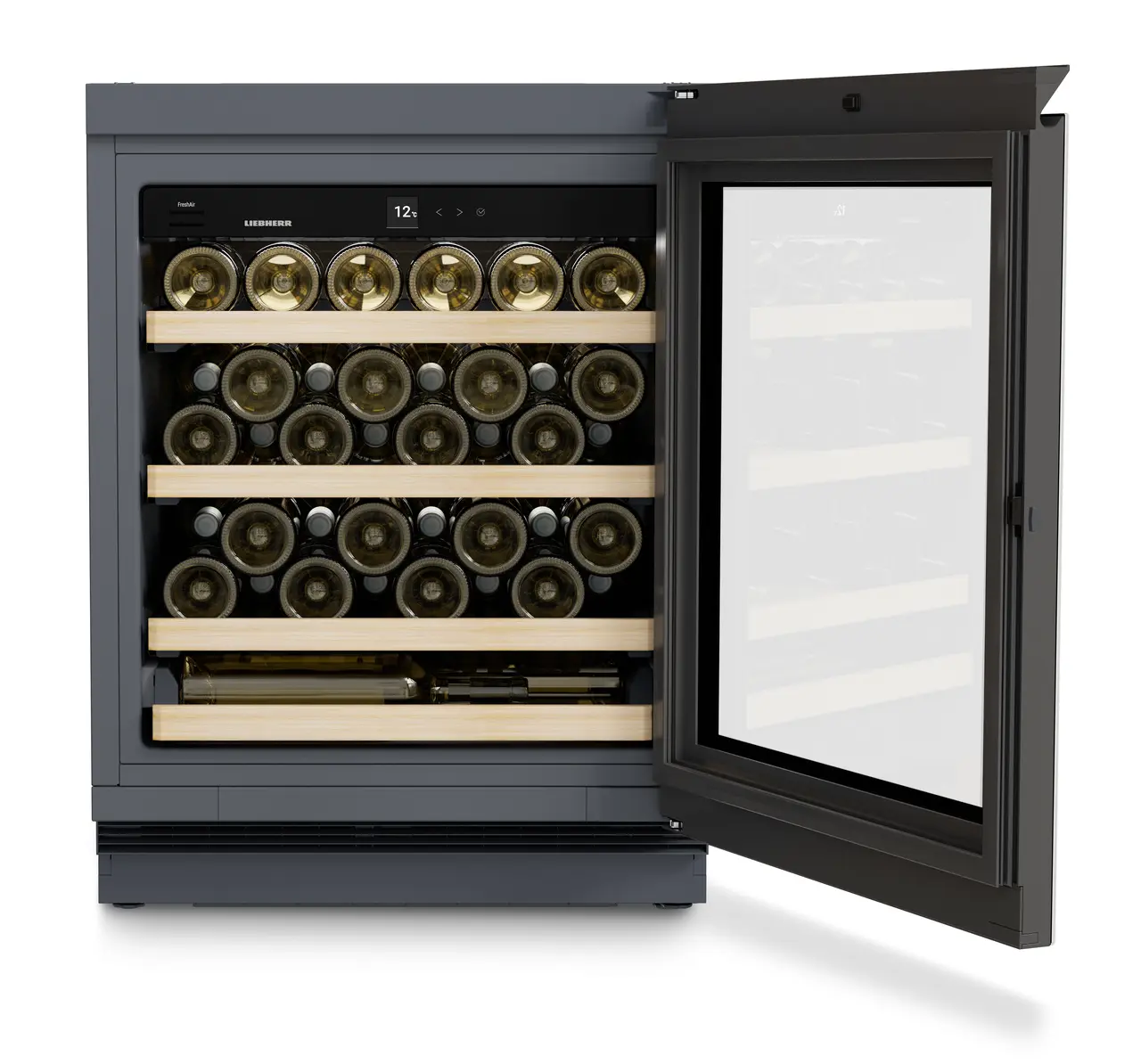 Product image, Perspective: straight open decorated, Wine fridge suitable for undercounter installation for wine tempering, Casing colour: Anthracite, Door colour: GlassBlack