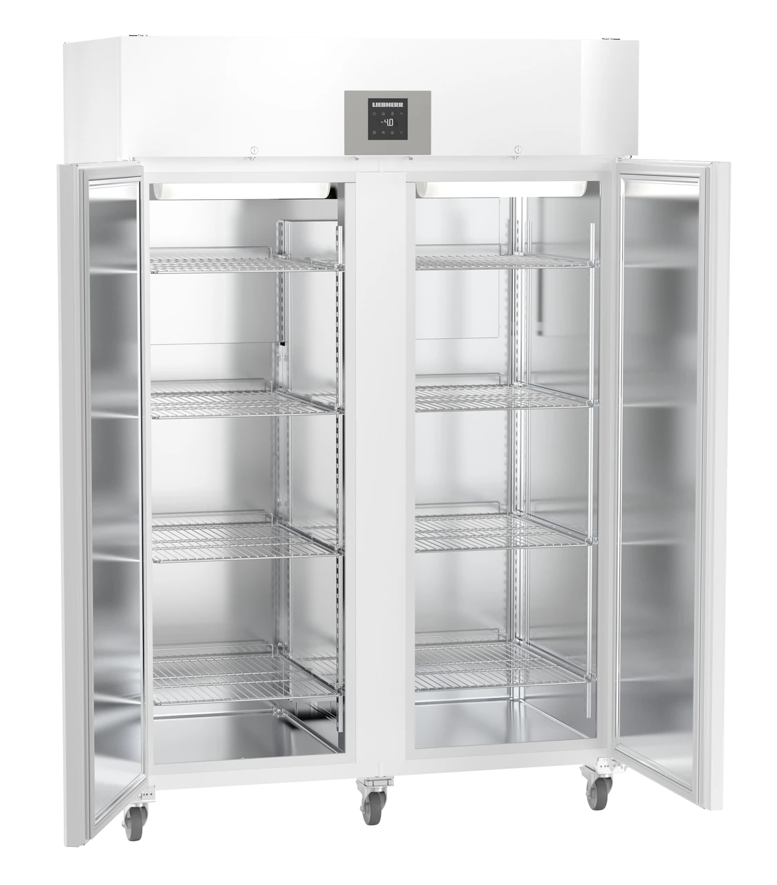Product image, Perspective: oblique open empty, Lab freezer with Comfort electronic controller, Casing colour: white