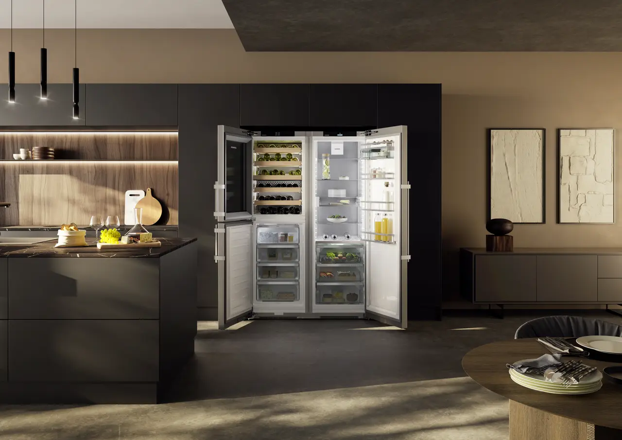 Product image, Perspective: milieu, Side-by-side combination with wine tempering compartment, Casing colour: silver, Door colour: stainless steel