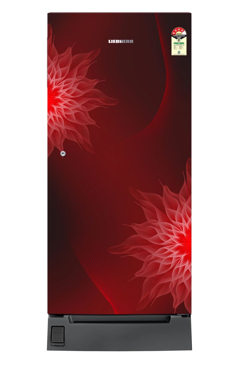 Product image, Perspective: straight closed, Single-door fridge 186 l with foot pedal base drawer and iCoolTouch UI, Casing colour: grey, Door colour: Red Mystiq