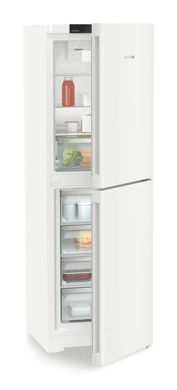 Изображение продукции, Перспектива: Под углом, с полуоткрытой дверцей, с продуктами, Комбинированный холодильник-морозильник с EasyFresh и NoFrost, Цвет корпуса: белый, Цвет дверцы: белый