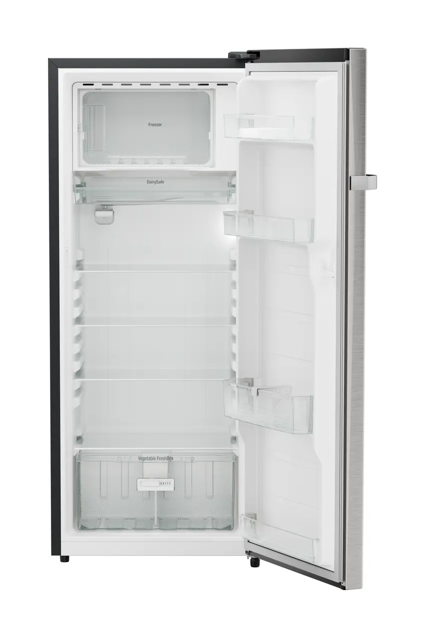 Product image, Perspective: straight open empty, Single-door refrigerator 222 l in 4 star with iCoolTouch UI, Casing colour: grey, Door colour: Stainless Steel