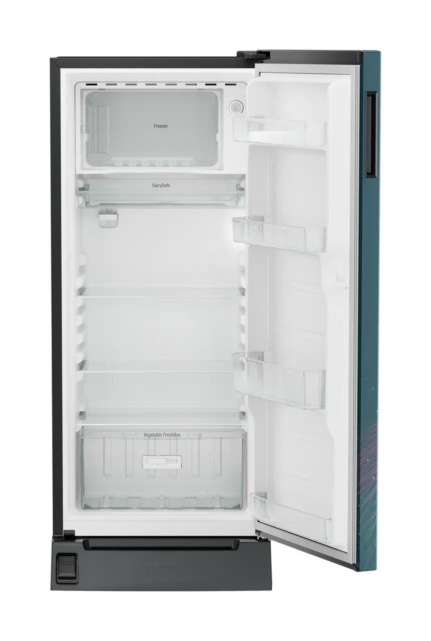 Product image, Perspective: straight open empty, Single-door refrigerator 202 l in 5 star with inverter compressor, Casing colour: grey, Door colour: Teal Strings