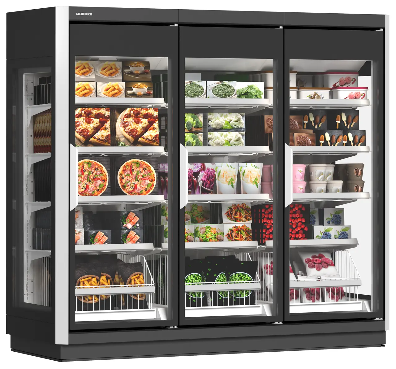 Produkt-Bild, Perspektive: schräg geschlossen dekoriert, Supermarkt-Gefrierschrank, Gehäusefarbe: Grau