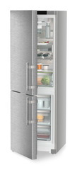 Product image, Perspective: oblique half-open decorated, Combined fridge-freezers with EasyFresh and NoFrost, Casing colour: silver, Door colour: stainless steel