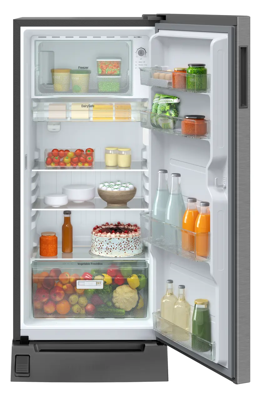Product image, Perspective: straight open decorated, Single-door refrigerator 202 l in 3 star with foot pedal base drawer, Casing colour: grey, Door colour: Silver Steel