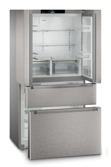 Product image, Perspective: oblique open empty, French Door fridge-freezer with 2 freezer drawers with IceMaker, Casing colour: silver, Door colour: stainless steel
