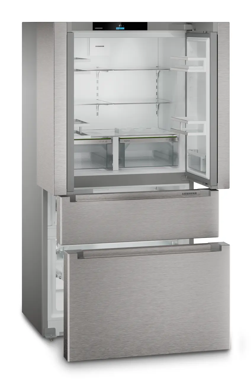 Product image, Perspective: oblique open empty, French Door fridge-freezer with 2 freezer drawers with IceMaker, Casing colour: silver, Door colour: stainless steel