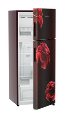 Product image, Perspective: oblique half-open empty, Fridge-freezer with NoFrost, Casing colour: red, Door colour: Red Divine