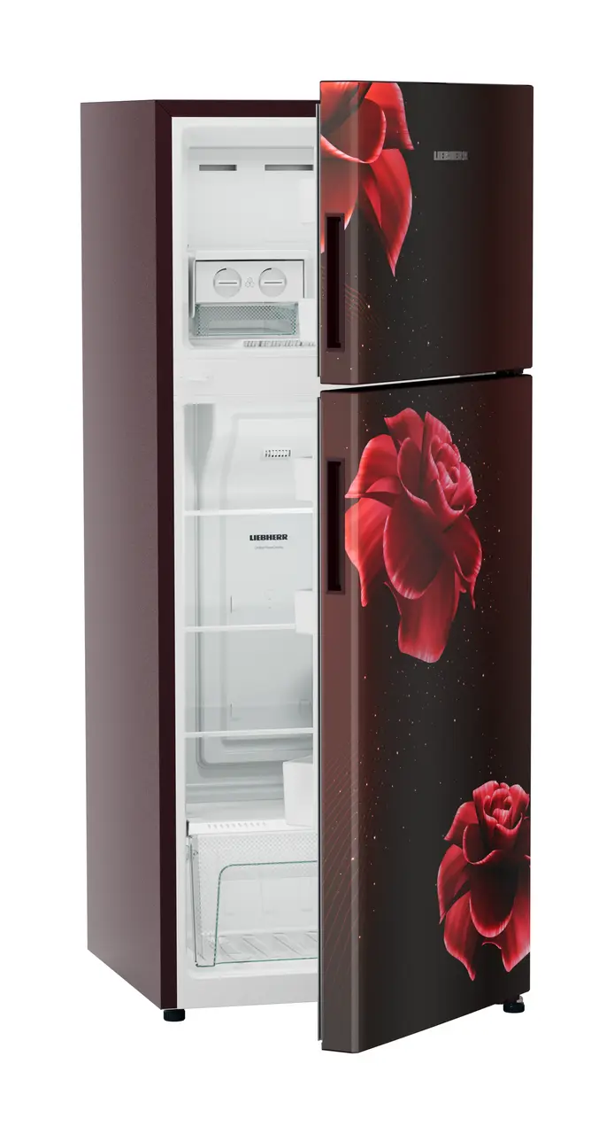 Product image, Perspective: oblique half-open empty, Fridge-freezer with NoFrost, Casing colour: red, Door colour: Red Divine