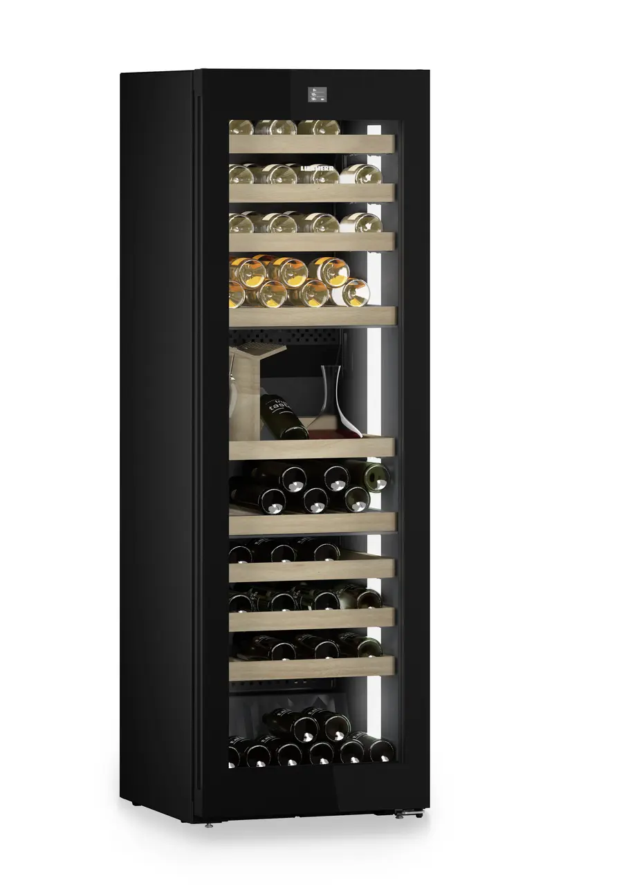Product image, Perspective: oblique closed decorated, Multi-temperature wine cabinet, Casing colour: BlackSteel, Door colour: GlassBlack