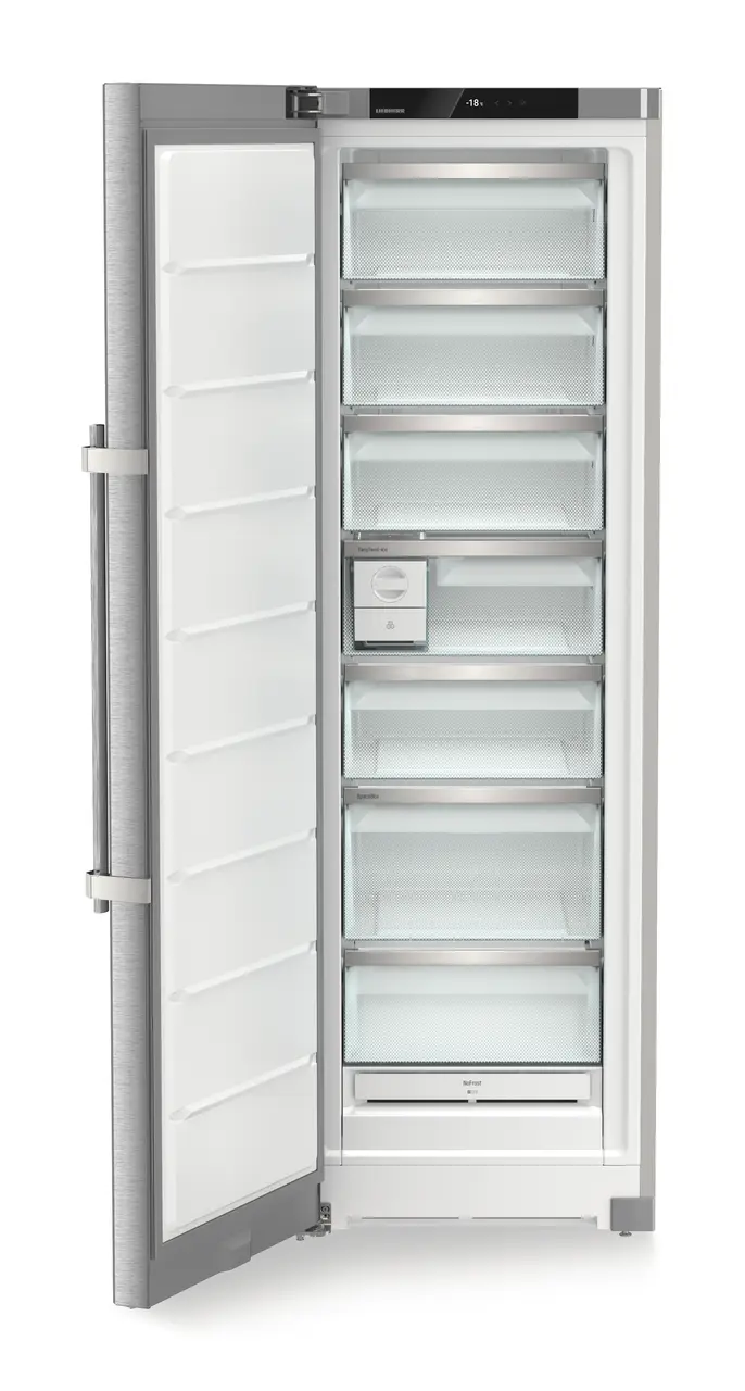 Product image, Perspective: straight open empty, Freestanding freezer with NoFrost and EasyTwist-Ice, Casing colour: silver, Door colour: stainless steel