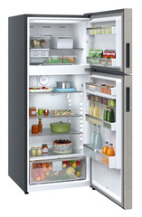 Product image, Perspective: oblique open decorated, Fridge-freezer with NoFrost, Casing colour: grey, Door colour: Stainless Steel