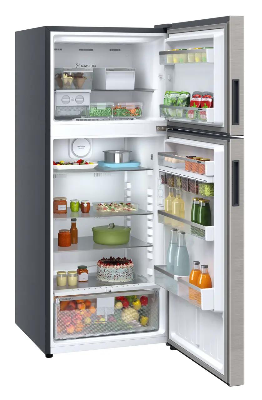 Product image, Perspective: oblique open decorated, Fridge-freezer with NoFrost, Casing colour: grey, Door colour: Stainless Steel