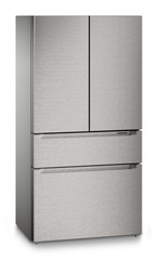 Product image, Perspective: oblique closed, French Door fridge-freezer with 2 freezer drawers with IceMaker, Casing colour: silver, Door colour: stainless steel