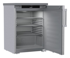 Obraz produktu, Perspektywa: Pod kątem, otwarte, puste, Chłodziarka do zabudowy pod blat z chłodzeniem powietrzem obiegowym, Kolor obudowy: Stal szlachetna, Kolor drzwi: Stal szlachetna