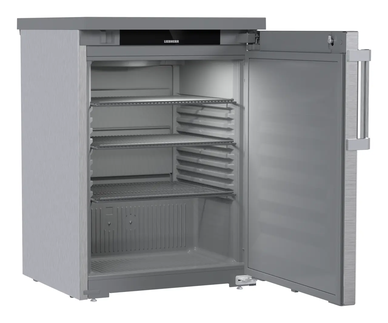 Obraz produktu, Perspektywa: Pod kątem, otwarte, puste, Chłodziarka do zabudowy pod blat z chłodzeniem powietrzem obiegowym, Kolor obudowy: Stal szlachetna, Kolor drzwi: Stal szlachetna