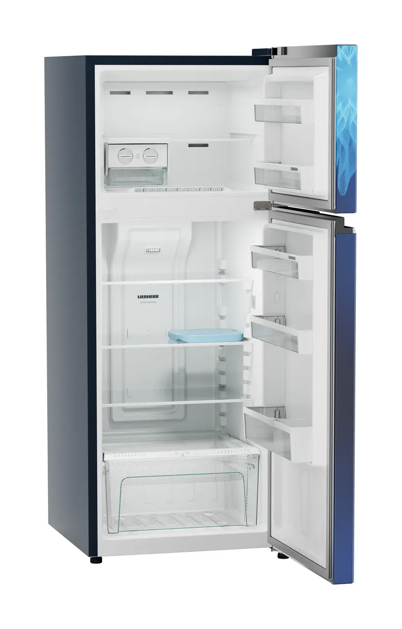 Product image, Perspective: oblique open empty, Fridge-freezer with NoFrost, Casing colour: blue, Door colour: Blue Mystiq
