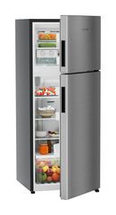Product image, Perspective: oblique half-open decorated, Fridge-freezer with NoFrost, Casing colour: grey, Door colour: Silver Steel