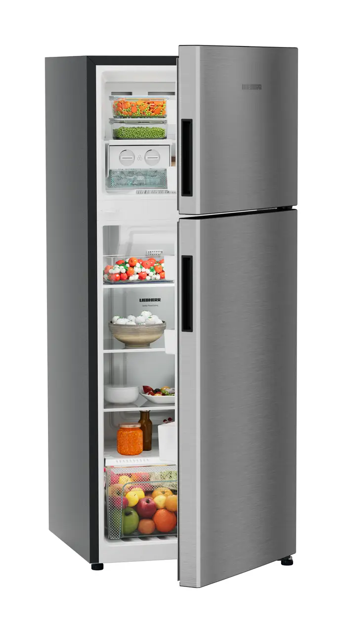Product image, Perspective: oblique half-open decorated, Fridge-freezer with NoFrost, Casing colour: grey, Door colour: Silver Steel