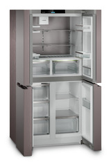 Produkt-Bild, Perspektive: schräg offen leer, 4-türige French-Door-Kühl-Gefrierkombination mit IceMaker, Gehäusefarbe: TerraSteel, Türfarbe: TerraSteel