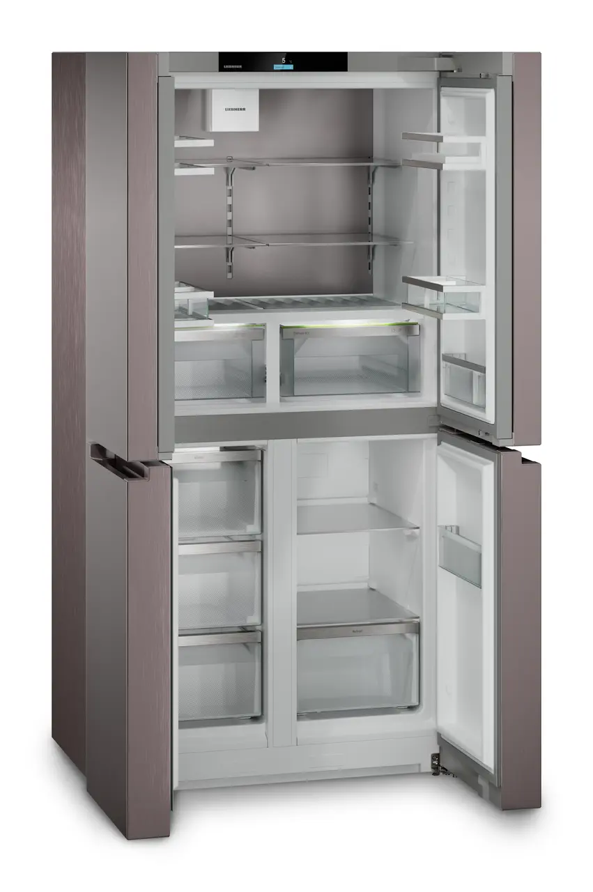 Produkt-Bild, Perspektive: schräg offen leer, 4-türige French-Door-Kühl-Gefrierkombination mit IceMaker, Gehäusefarbe: TerraSteel, Türfarbe: TerraSteel