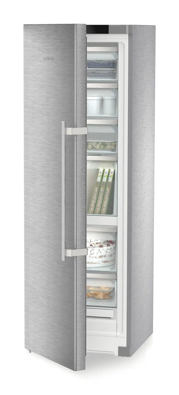 Изображение на продукта, Перспектива: Странично, полуотворен, отворен с продукти, Свободностоящ фризер с NoFrost и IceTower, Цвят на корпуса: благородна стомана, Цвят на вратата: благородна стомана