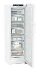 Obrázok produktu, Perspektíva: Šikmo, spotrebič otvorený, dekorovaný, Voľne stojaca mraznička s NoFrost a EasyTwist-Ice, Farba steny: Biely, Farba dverí: Biely