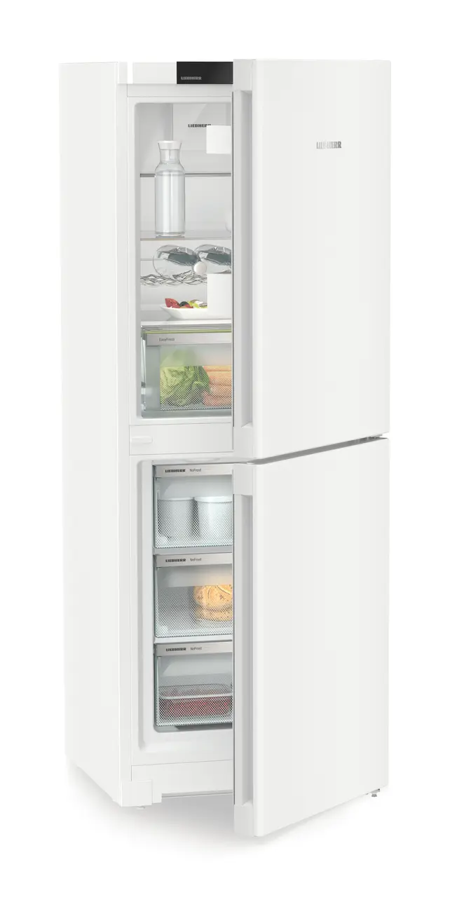 Product image, Perspective: oblique half-open decorated, Combined fridge-freezers with EasyFresh and NoFrost, Casing colour: white, Door colour: white
