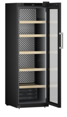 Product image, Perspective: oblique open empty, Wine storage cabinet, Casing colour: black, Door colour: black