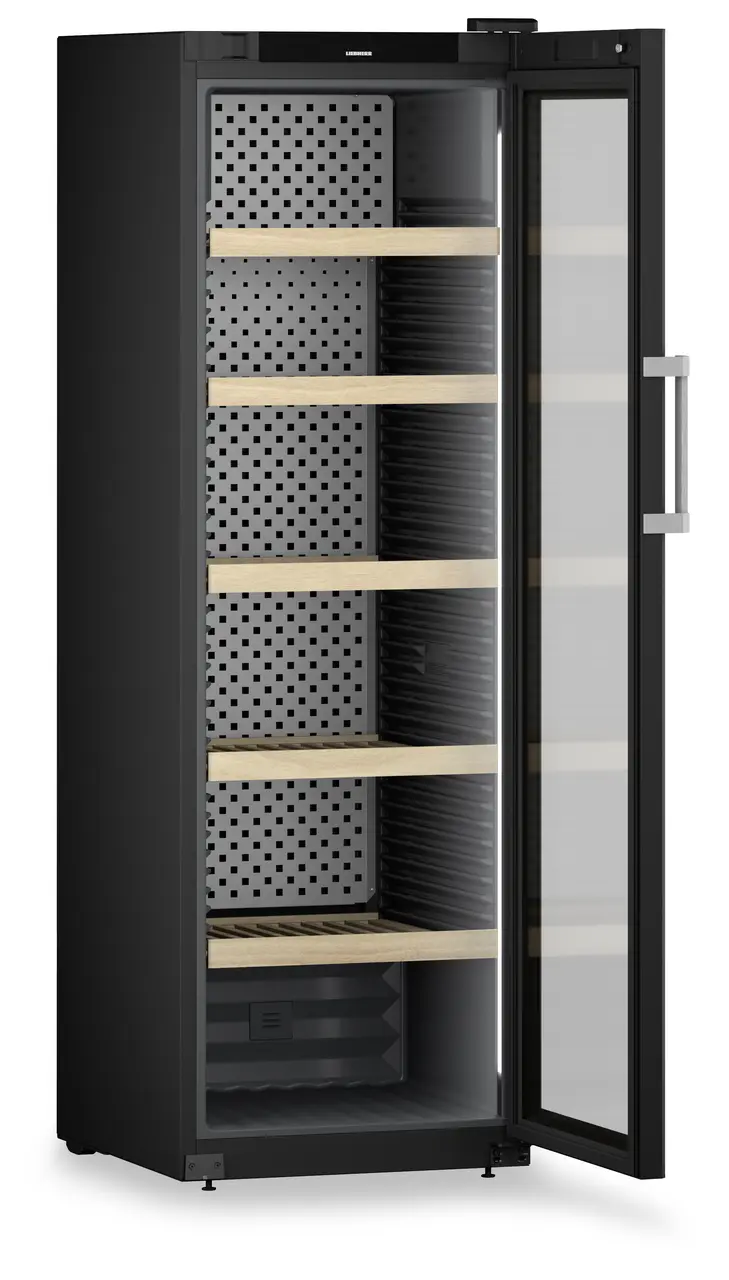 Product image, Perspective: oblique open empty, Wine storage cabinet, Casing colour: black, Door colour: black