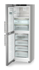 Product image, Perspective: oblique open empty, Combination with NoFrost freezer compartment and full-space BioFresh, Casing colour: silver, Door colour: stainless steel